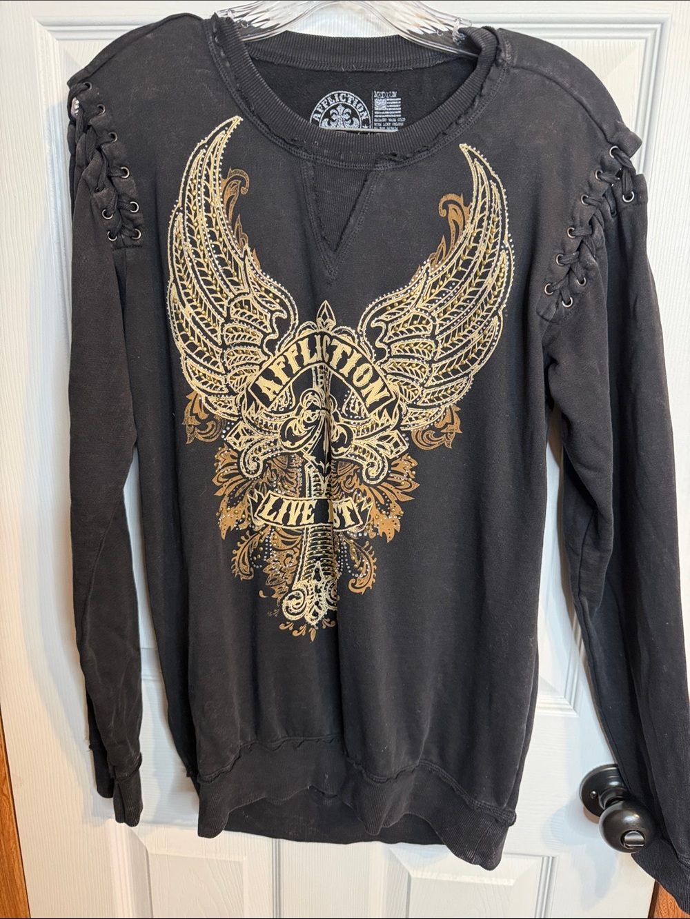 Affliction Black Sweatshirt with Gold Wing Crest